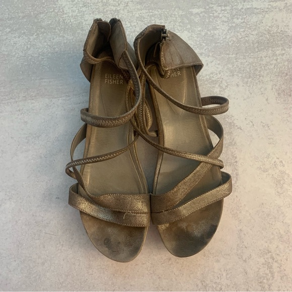 Eileen Fisher Leather Metallic Distressed Strappy Sandals - Picture 7 of 12